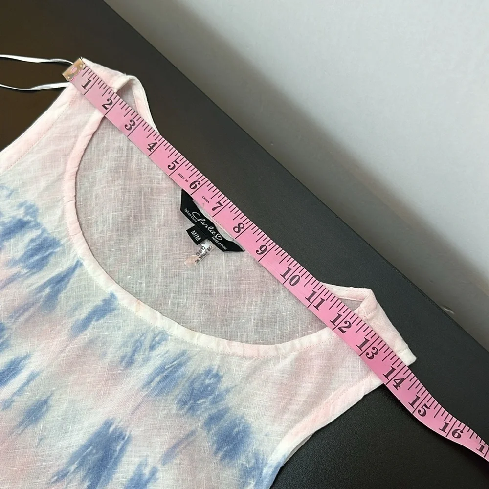 Charlie B Linen Ruffle Hi Low Hem Dress M Tie Dyed Pastel Pink Blue‎ Slee…